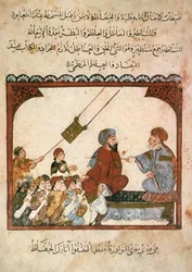 In einem Klassenzimmer, Al-Harith nimmt an einer Lektion teil, bei der der Lehrer (in Wirklichkeit Abou Zayd) und die Schüler Dummheiten sagen, aus Maqamat von Al Hariri, ca. 1240